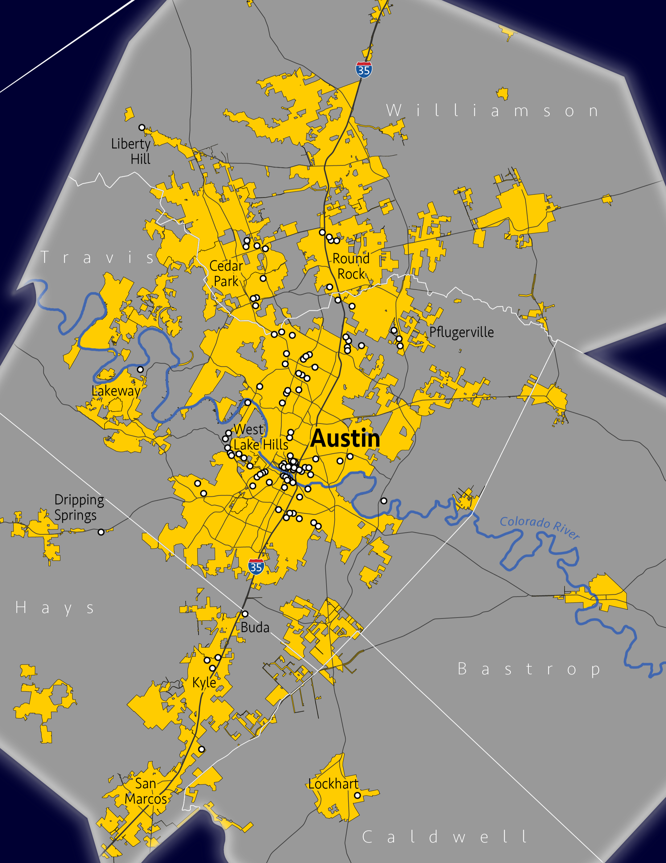 Poster about business reclocations and expansions in Austin, Texas with title, text, chronological chart, and map.